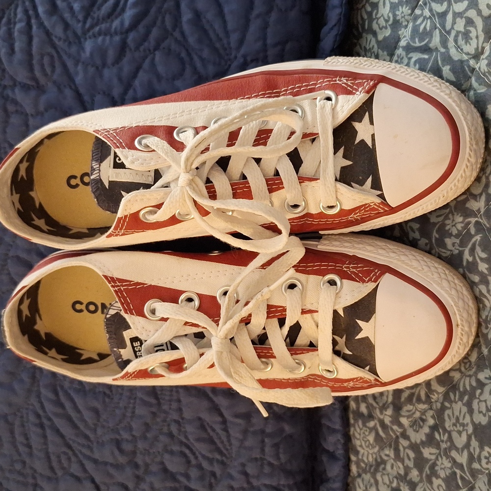 Converse All Star sneakers.  Red white blue stars and stripes themed. Sz 7 woman